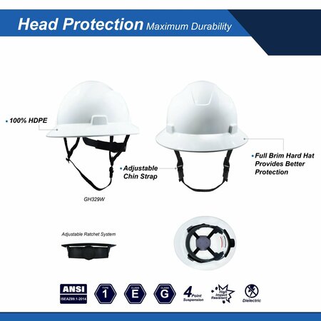 Ge Full Brim Hard Hat, Non-Vented, 4-Point Ratchet Suspension, Yellow GH329Y